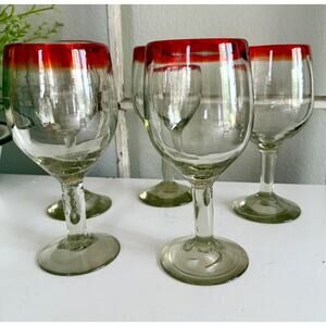 Mexican Hand Blown Wine Glasses, Red Rim Stemware, Artisan Blown Glass, Colorful
